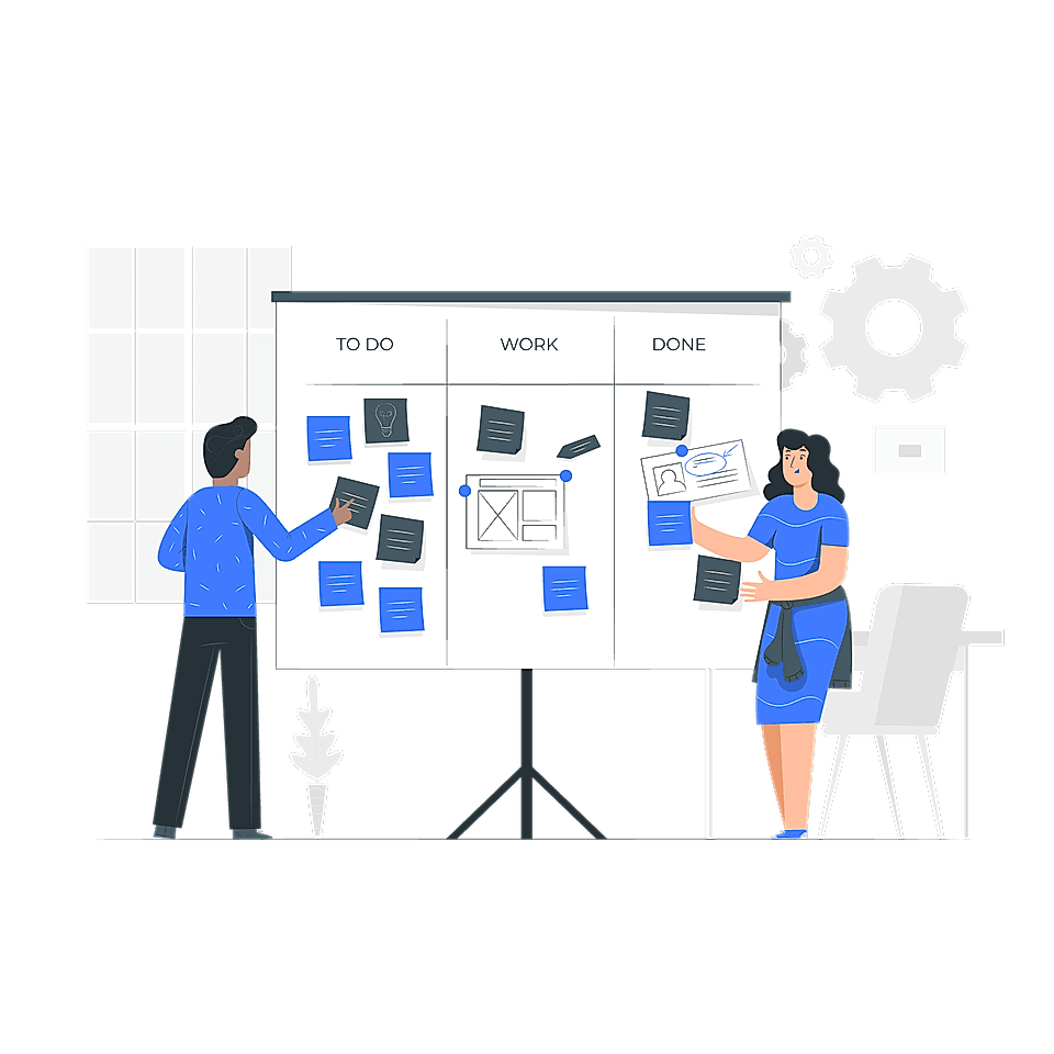 Illustration of two people collaborating at a Kanban board, organizing tasks into 'To Do', 'Work', and 'Done' columns.