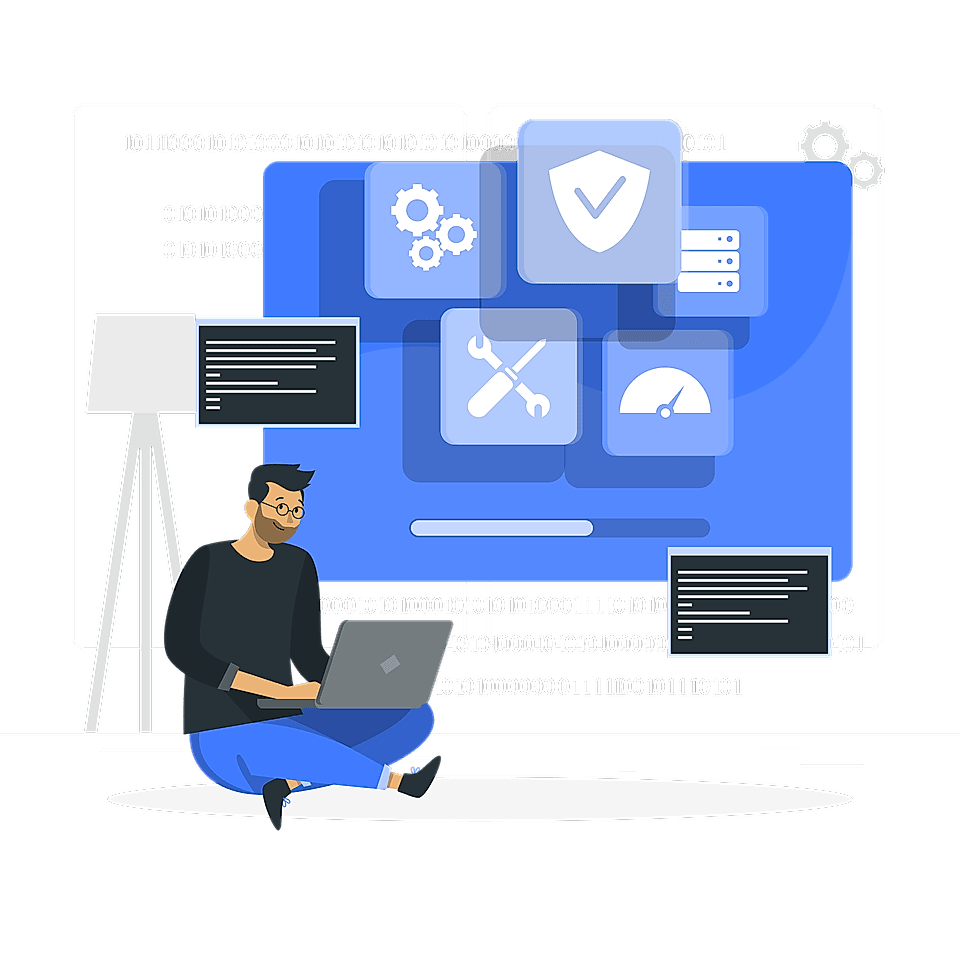 A person working on a laptop, surrounded by data icons and coding elements, representing SaaS technology and digital solutions.