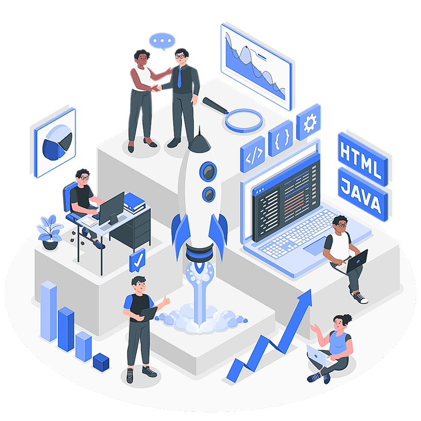 Illustration of a tech workspace with a rocket, coding laptops, graphs, and people collaborating on software development.